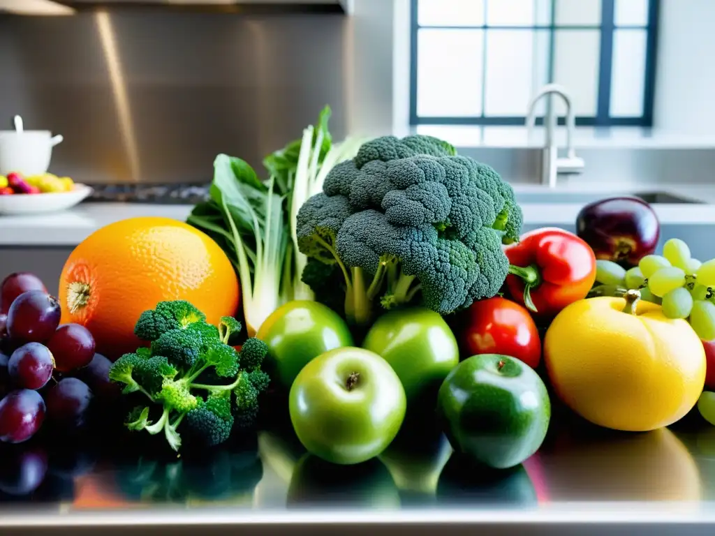 Una composición vibrante de frutas y verduras frescas en una cocina moderna