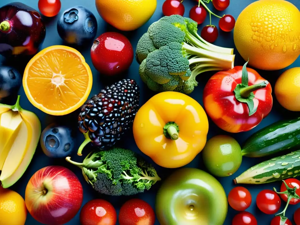 Exuberante variedad de frutas y verduras orgánicas Una composición vibrante de frutas y verduras frescas, para el sistema inmunológico