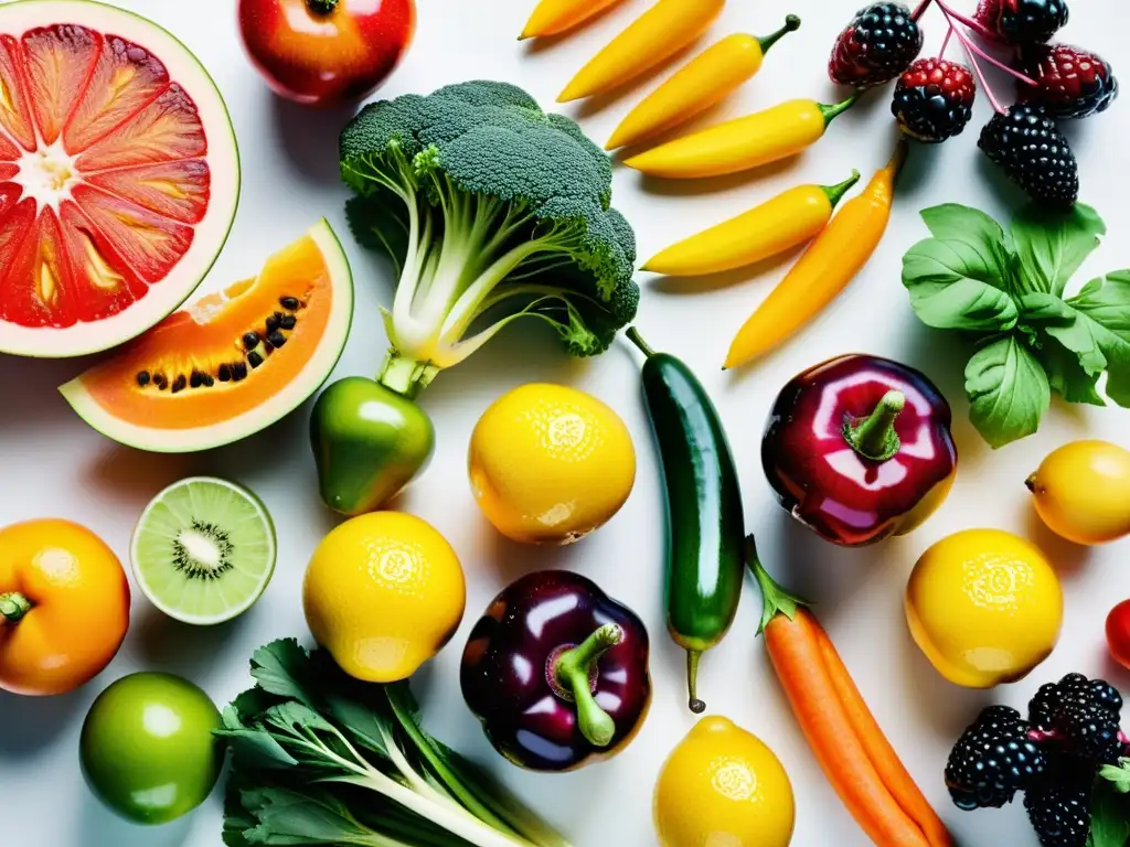 Frescura y color: variedad de frutas y verduras para una inmunidad fuerte Una composición vibrante de frutas y verduras frescas, resaltando el impacto del aumento del mar en el sistema inmunológico