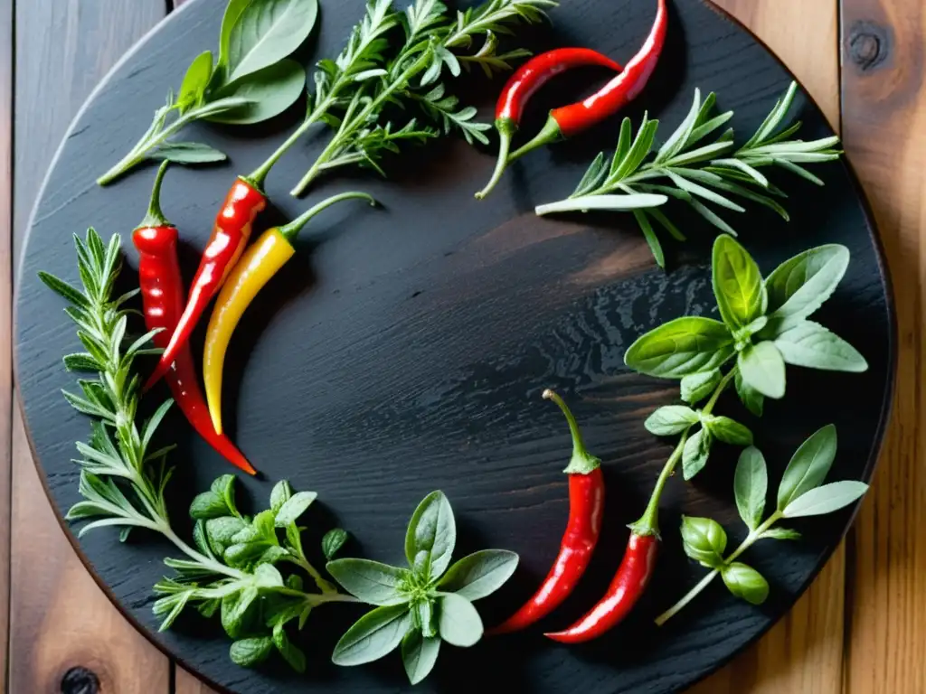 Exquisita variedad de hierbas frescas y especias en círculo Una composición vibrante de hierbas frescas y especias en un tablero de corte de madera oscura, con luz natural y sombras dinámicas