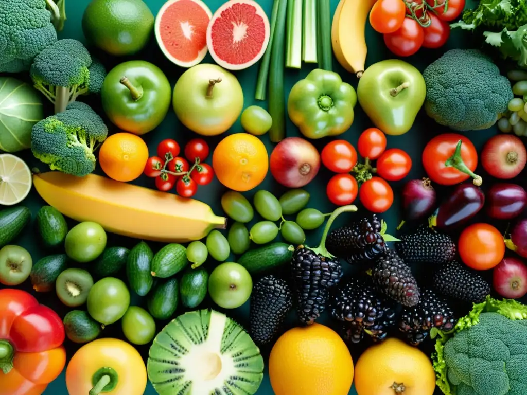 Una composición vibrante y simétrica de frutas y verduras, resaltando su belleza natural y valor nutricional