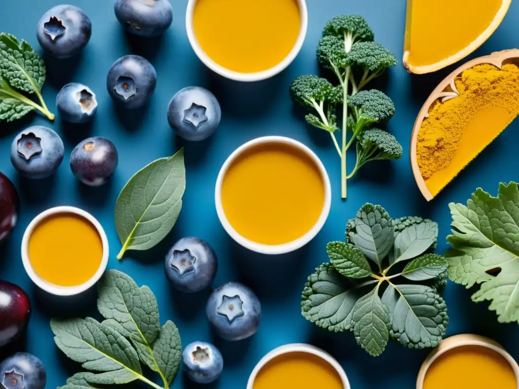 Patrón geométrico de superalimentos vibrantes Una composición vibrante de superalimentos, como arándanos, kale, almendras y cúrcuma, dispuestos en un patrón geométrico moderno