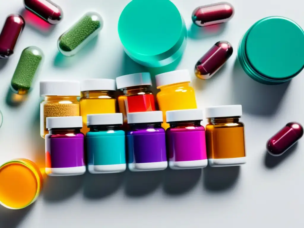 Suplementos saludables para viajeros: Vitaminas y más Una composición vibrante de suplementos inmunitarios para viajeros, organizados meticulosamente en una superficie blanca moderna, emitiendo vitalidad y preparación