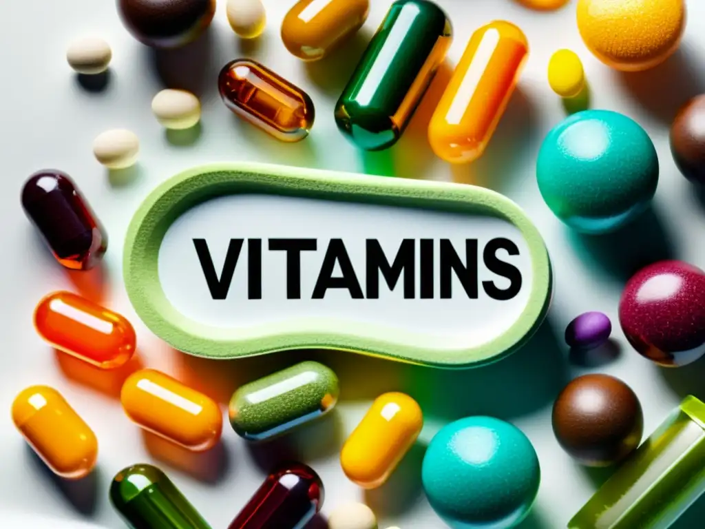 Vitaminas y minerales: una explosión de color y vitalidad Una composición vibrante de suplementos multivitamínicos resalta la importancia para el sistema inmunológico