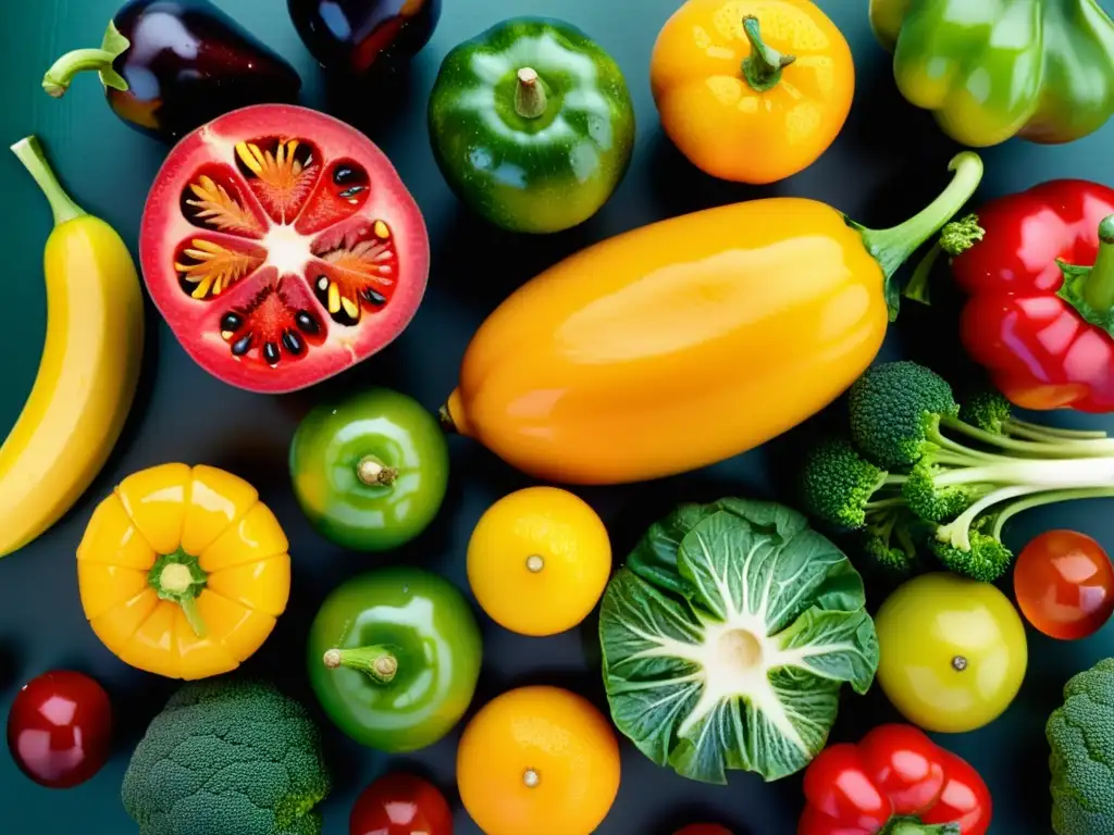 Una composición visual de frutas y verduras coloridas y detalladas, resaltando la importancia de la nutrición personalizada para inmunodeficiencias