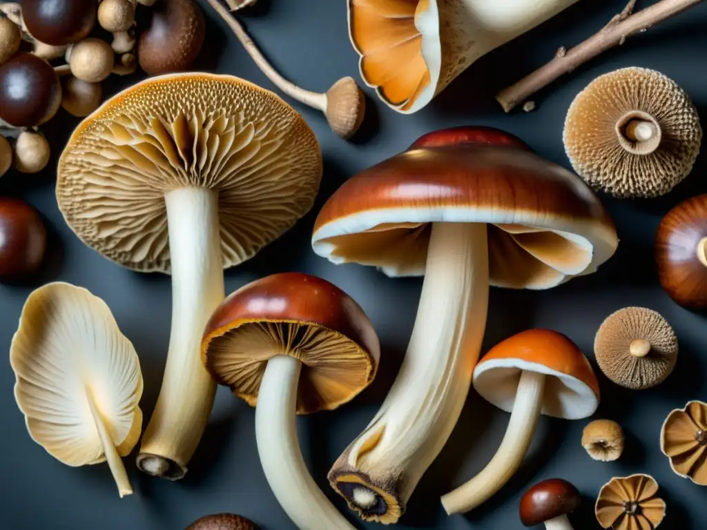 Una composición visual impactante de hongos Reishi, Shiitake y Maitake, resaltando sus texturas detalladas y colores naturales