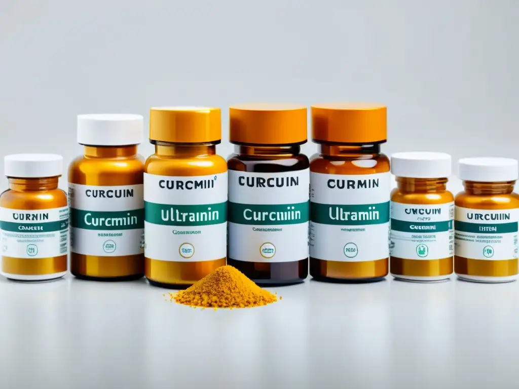 Suplementos de Curcumina: Variedad en Alta Resolución Una composición visual impactante de suplementos de curcumina detallados y vibrantes en un elegante fondo blanco