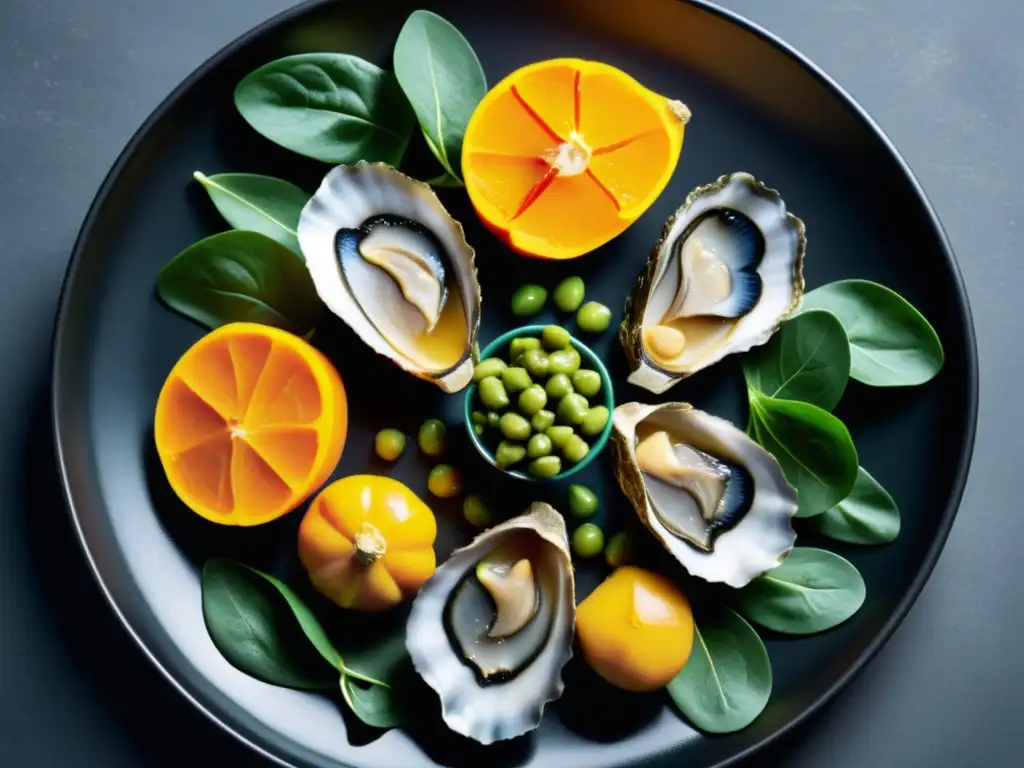 Deliciosas fuentes de zinc: Ostras, carne y más Una composición visual vibrante y apetitosa de alimentos ricos en zinc en un elegante plato negro