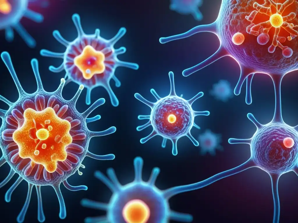 Una comunidad de bacterias probióticas en el intestino, interactuando con células inmunes