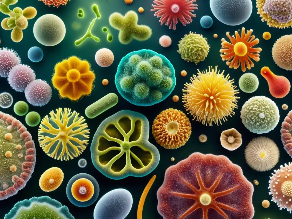 Una comunidad microbiana diversa e intricada, resaltando el rol de la microbiota en la inmunidad humana con colores vibrantes y detalles intrincados