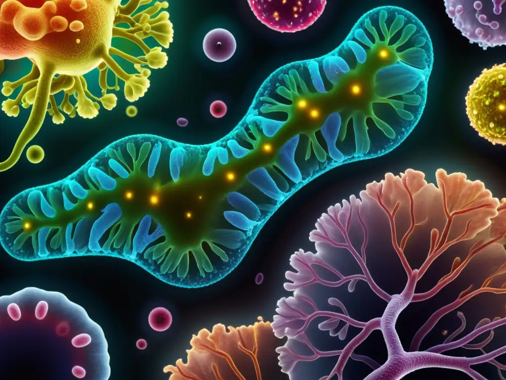 Microbiota intestinal: diversidad y vitalidad en detalle Una comunidad vibrante y diversa de bacterias en la microbiota intestinal, evocando vitalidad y equilibrio
