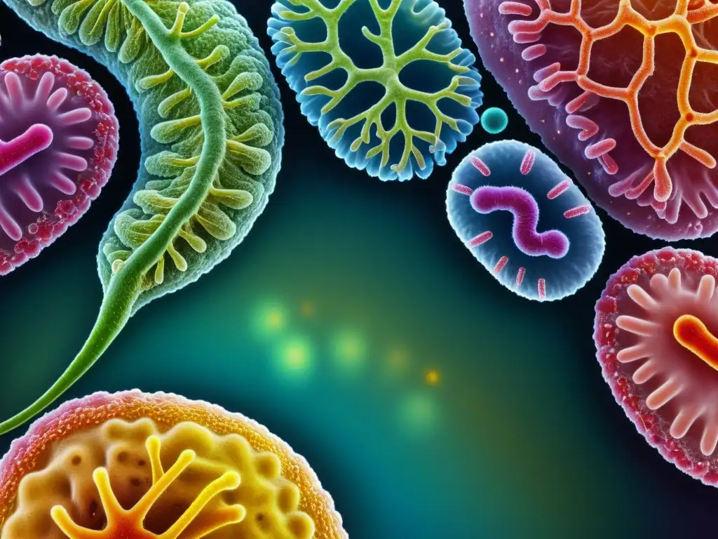 Microbiota humana: diversidad y vitalidad bacteriana Una comunidad vibrante y diversa de bacterias intestinales, mostrando la importancia de la microbiota intestinal para la salud del sistema inmune