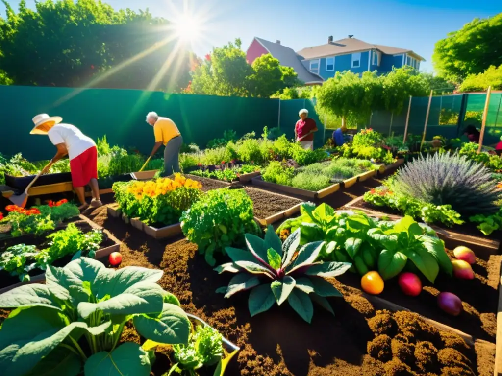 Jardín comunitario: diversidad y conexión Un jardín comunitario diverso y vibrante, con personas mayores cuidando frutas, vegetales y hierbas