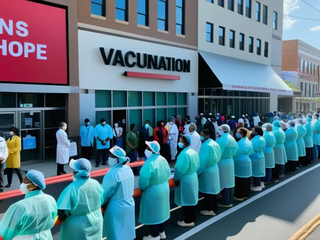 Centro de vacunación en la ciudad: Esperanza y comunidad Una concurrida calle de la ciudad muestra un centro de vacunación, gente esperando y trabajadores de la salud