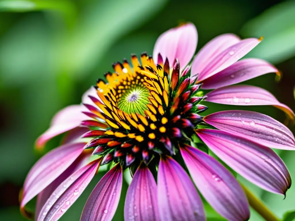 Echinacea purpurea: Belleza detallada en pétalos púrpuras Una coneflower púrpura vibrante con gotas de rocío, resaltando la belleza intrincada