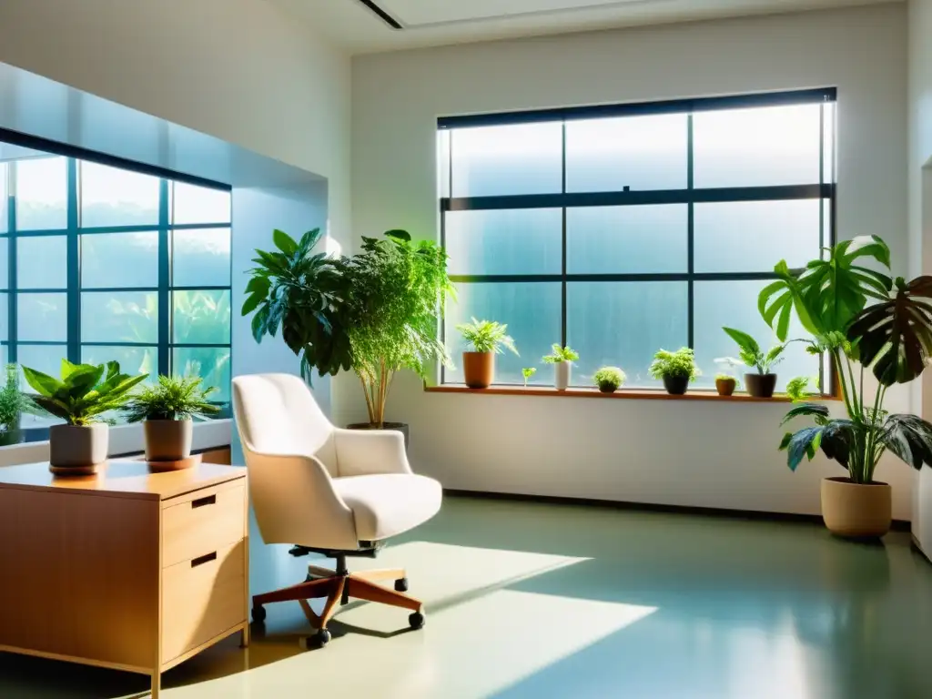 Consultorio médico moderno y sereno con plantas y luz natural Un consultorio médico moderno y sereno con luz natural y plantas