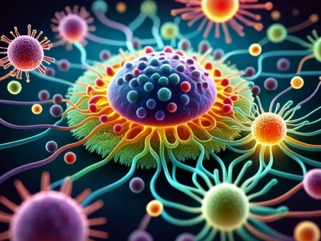 Ilustración detallada del sistema inmune humano Visualización creativa del sistema inmunológico robusto, con células y anticuerpos brillantes rodeados de patógenos coloridos