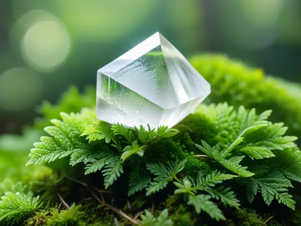 Un cristal de selenita reposa sobre musgo, con gotas de agua y luz solar filtrándose entre las hojas, creando un escenario sereno y natural