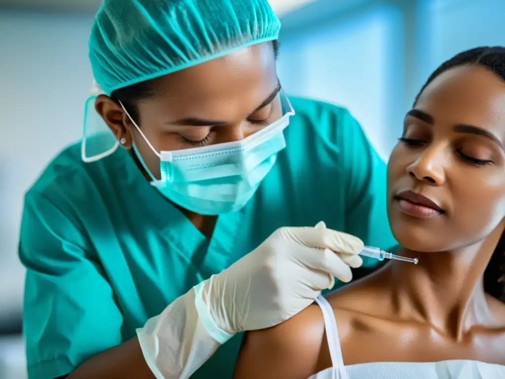 Vacunación precisa y reconfortante en entorno clínico Un cuidadoso profesional de la salud administra una vacuna a un paciente en un entorno estéril y luminoso, transmitiendo confianza