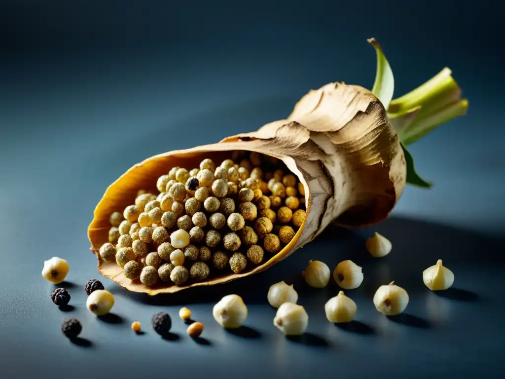 Raíz de cúrcuma dorada y pimienta negra: detalle vibrante Raíz de cúrcuma dorada y granos de pimienta negra en detalle, evocando vitalidad y salud