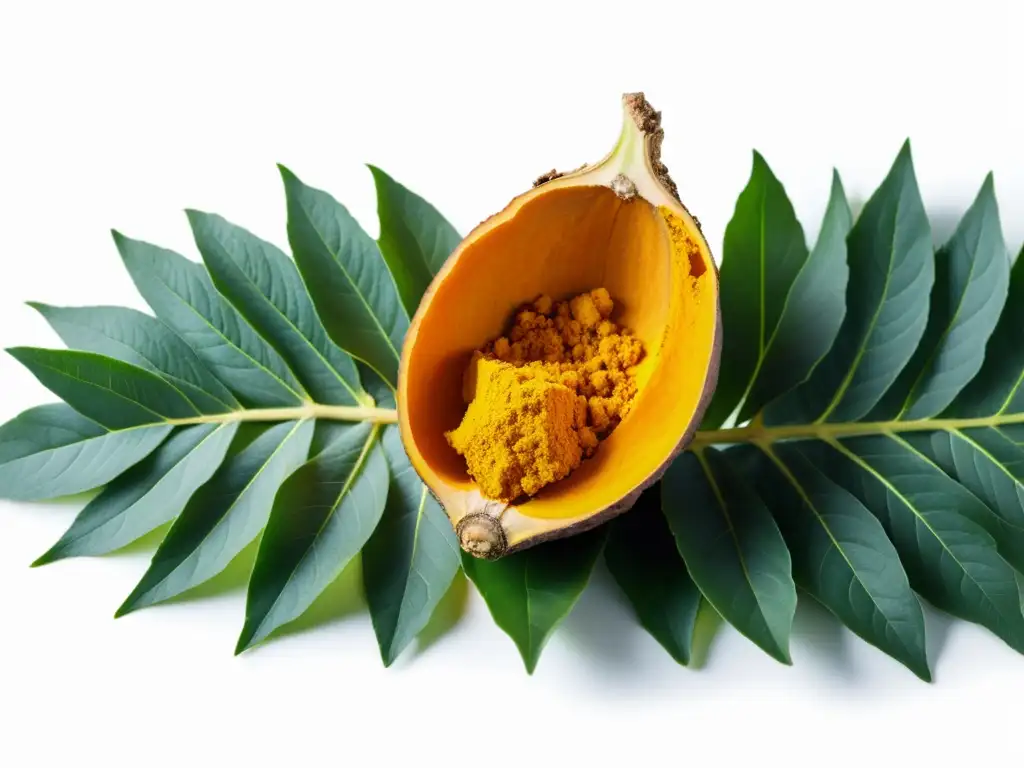 Raíz de cúrcuma fresca y vibrante con texturas detalladas, rodeada de hojas verdes y polvo de cúrcuma