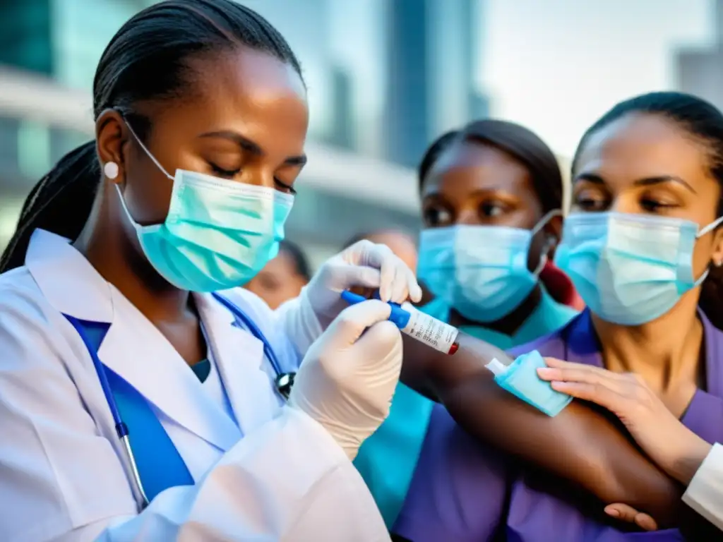 Profesionales de la salud vacunando con precisión Dedicados profesionales de la salud administran vacunas con precisión en un entorno urbano, destacando la importancia de las vacunas en la erradicación de enfermedades globales