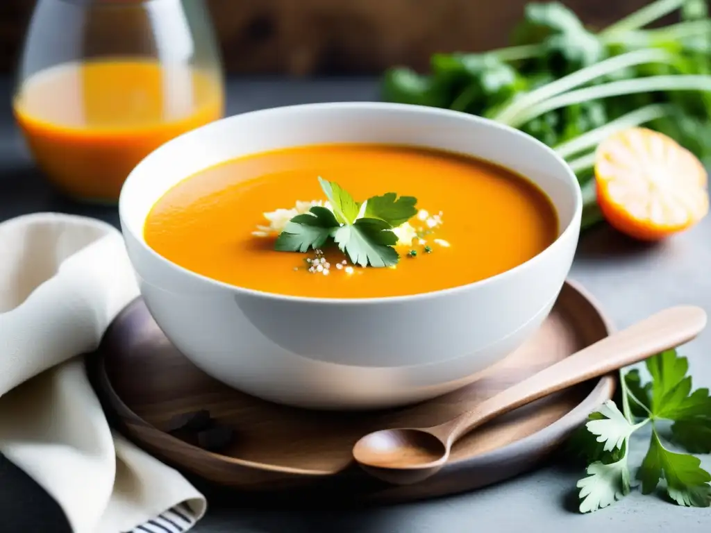 Sabrosa sopa de zanahoria y jengibre con crema de coco Deliciosa sopa de zanahoria y jengibre con ingredientes frescos