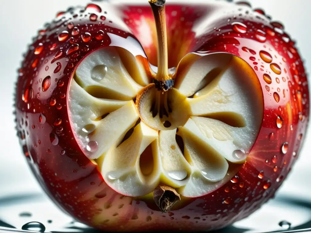 Deliciosa manzana roja rebanada, jugosa y fresca, con gotas de agua