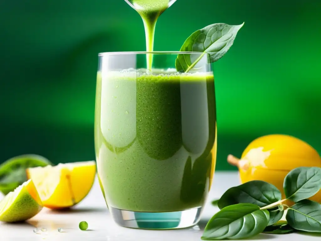 Una deliciosa y saludable bebida verde se vierte en un vaso, resaltando las técnicas de coaching para fortalecer el sistema inmunológico