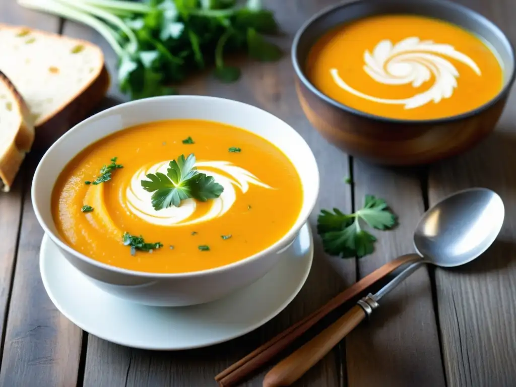 Sabrosa sopa de zanahoria y jengibre Una deliciosa sopa de zanahoria y jengibre con crema de coco y un toque de cilantro