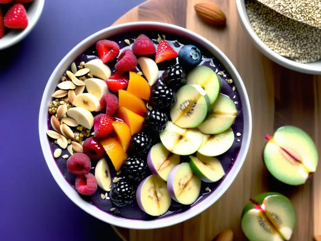 Un delicioso bowl de açaí con frutas frescas y miel, ideal para potenciar el sistema inmunológico
