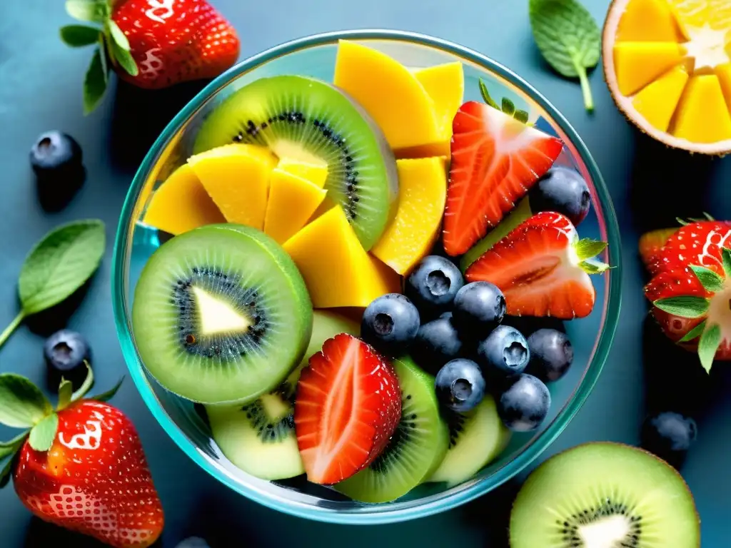 Deliciosa ensalada de frutas en bol de cristal Un delicioso y colorido postre de frutas saludables sistema inmunológico en un elegante recipiente de vidrio