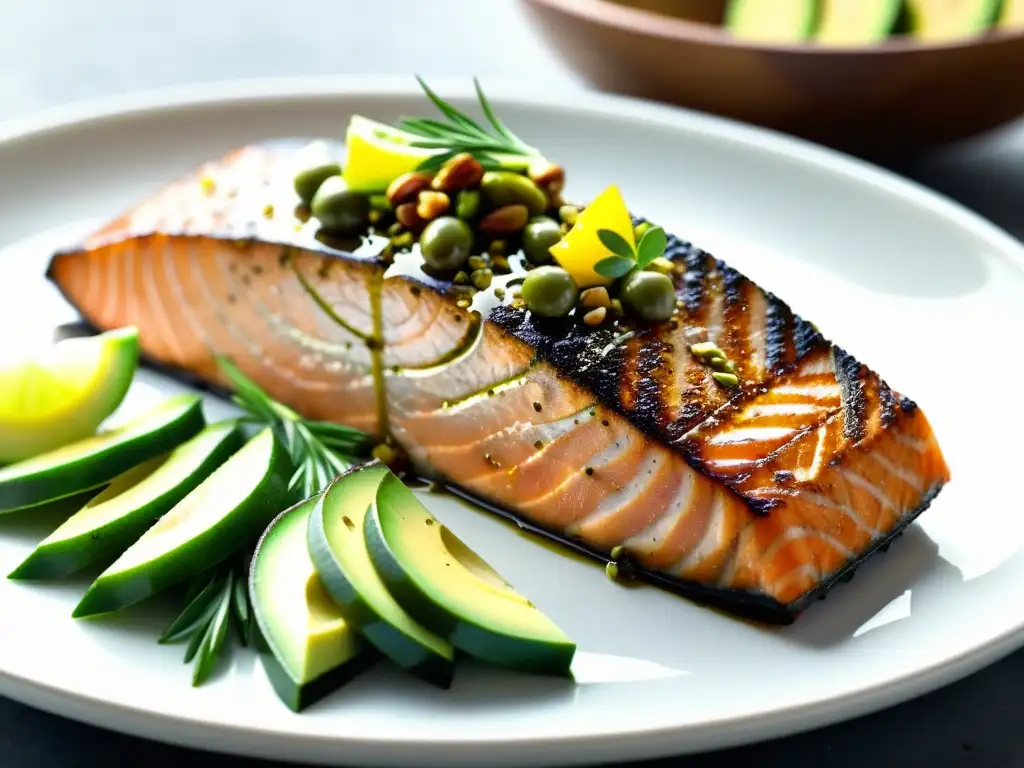 Exquisita presentación de salmón a la parrilla con omega-3 Un delicioso plato de salmón a la parrilla con ingredientes ricos en ácidos grasos omega 3