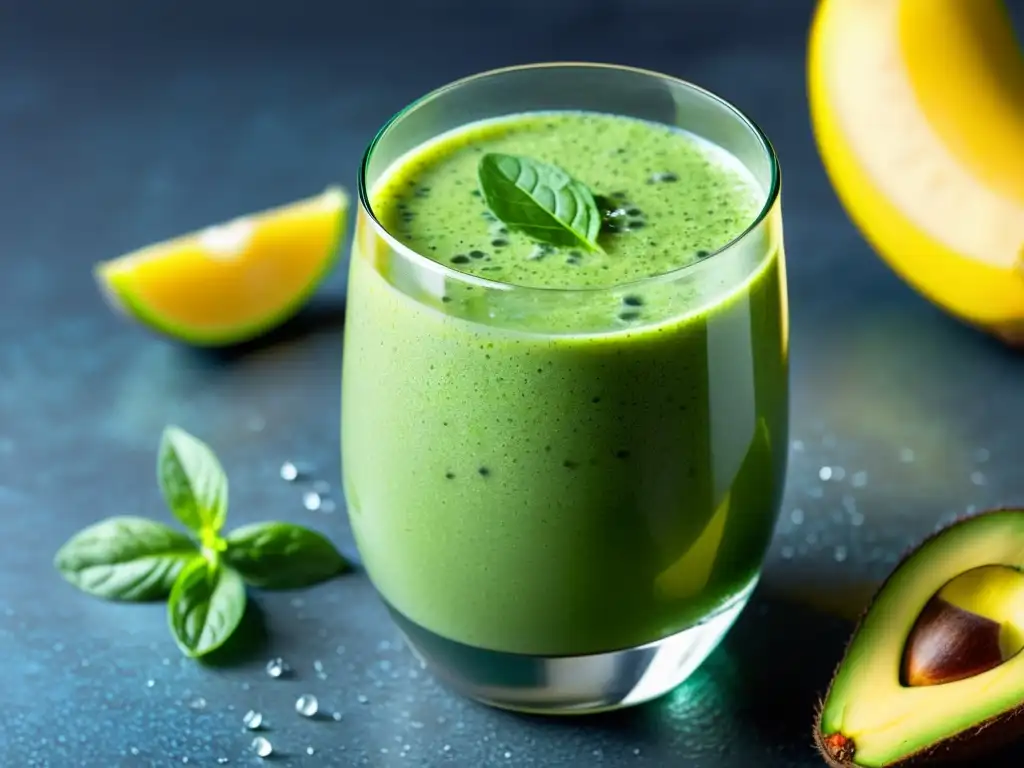 Verde frescura: Smoothie saludable con kiwi y chía Un delicioso y saludable smoothie verde con kiwi, chía y menta en un elegante entorno de cocina