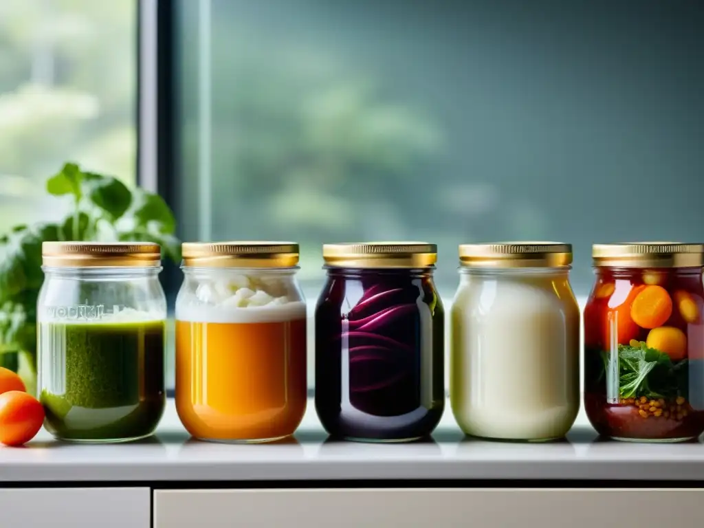 Tarro de vidrio con alimentos probióticos coloridos y vibrantes Deliciosos alimentos probióticos en un tarro de cristal, iluminados por la suave luz natural en una cocina minimalista