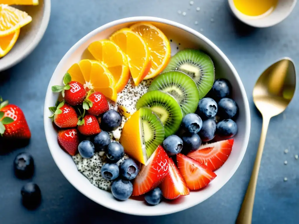 Un desayuno saludable y vibrante con frutas frescas y coloridas para potenciar el sistema inmunológico