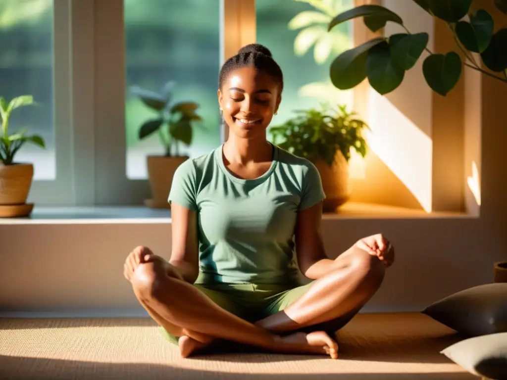 Mediación tranquila con luz suave Descanso y tranquilidad: una persona medita con calma, iluminada por la cálida luz del sol y rodeada de plantas verdes