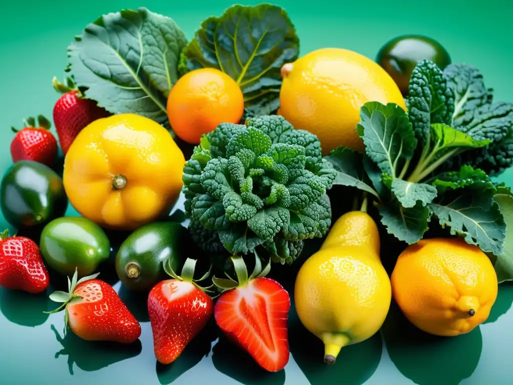 Una deslumbrante composición de frutas y verduras frescas, resaltando su exuberancia y color