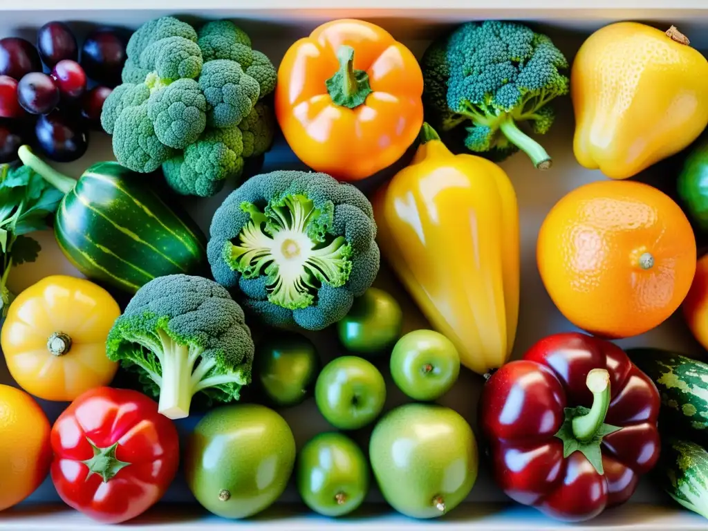 Arte natural: exquisita diversidad de frutas y verduras en cocina moderna Una deslumbrante composición de frutas y verduras vibrantes en una cocina moderna