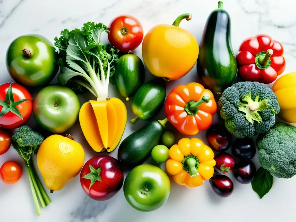 Una deslumbrante exhibición de frutas y verduras frescas en una encimera de mármol blanco, evocando la nutrición para fortalecer el sistema inmunológico
