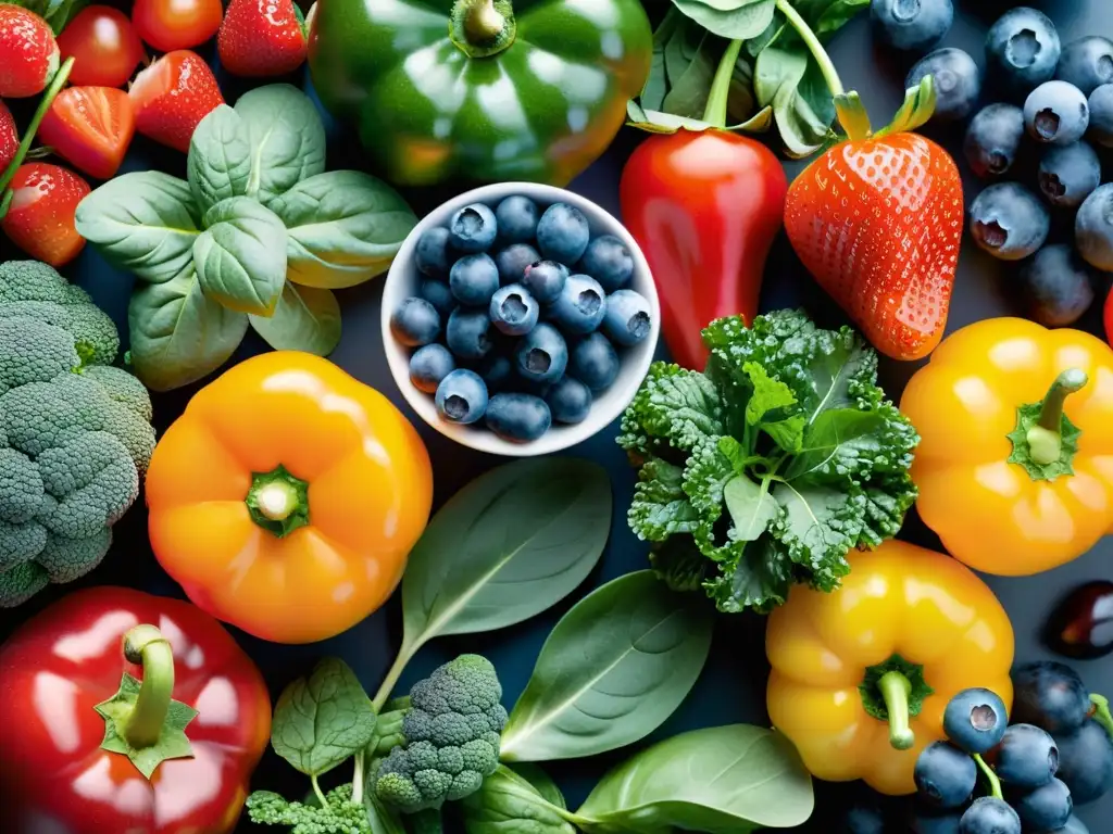 Exuberante exhibición de frutas y verduras antioxidantes en 8k Una deslumbrante exhibición de frutas y verduras antioxidantes en un fondo moderno, destacando la importancia de antioxidantes en sistema inmunológico