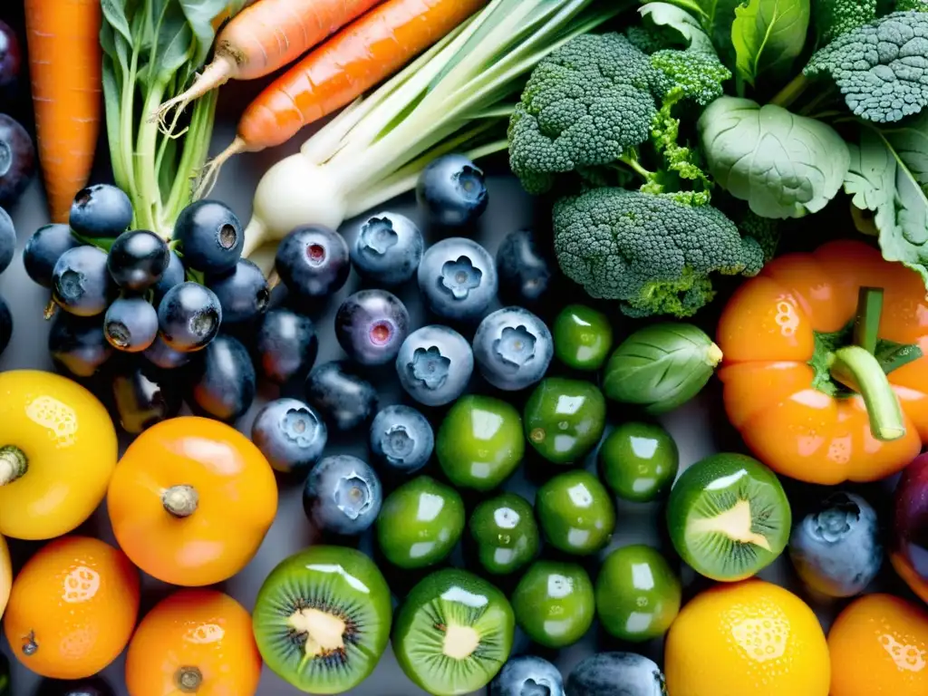 Exquisita frescura: Frutas y verduras vibrantes en closeup Una deslumbrante exhibición de frutas y verduras frescas, con colores vibrantes y gotas de agua