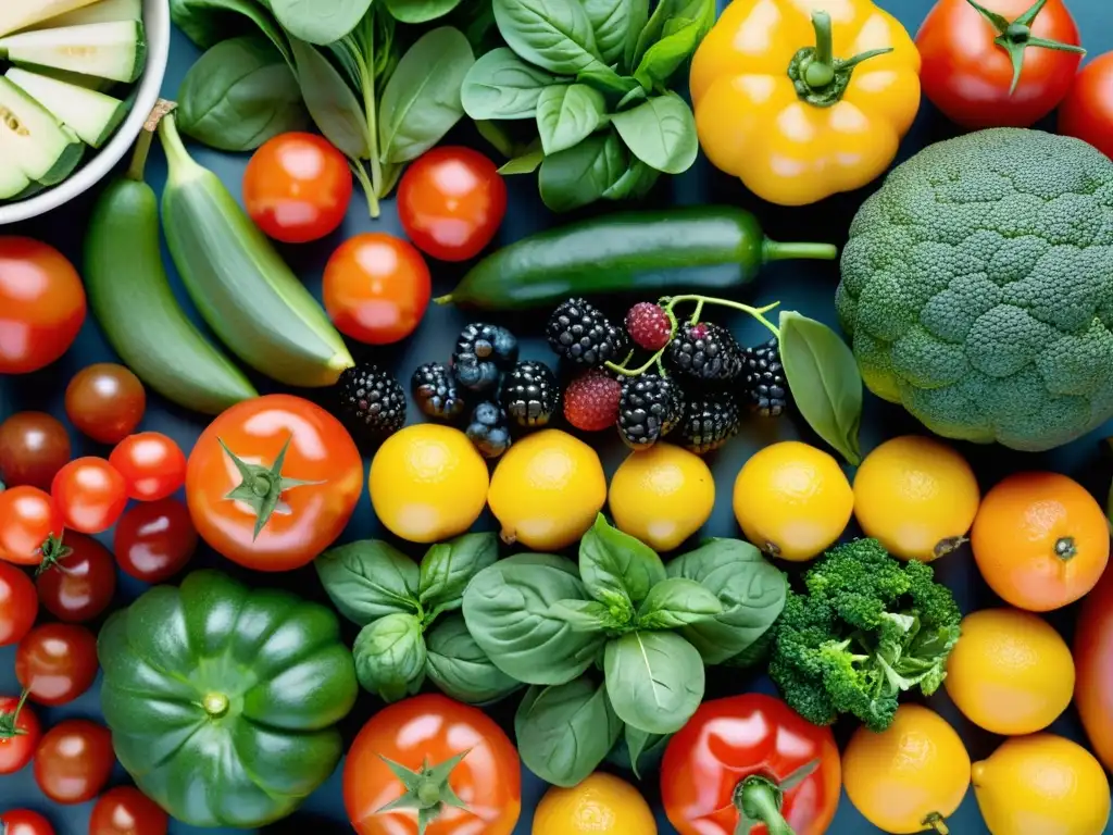 Vibrante variedad de frutas y verduras frescas en alta resolución Una deslumbrante exhibición de frutas y verduras frescas y coloridas, transmitiendo vitalidad y salud