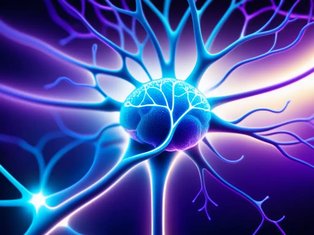 Red de Neuronas Brillantes: Importancia de la Inmunología Deslumbrante red de neuronas resplandecientes en tonos azules y morados, simbolizando la importancia de especialistas inmunológicos en seguro médico