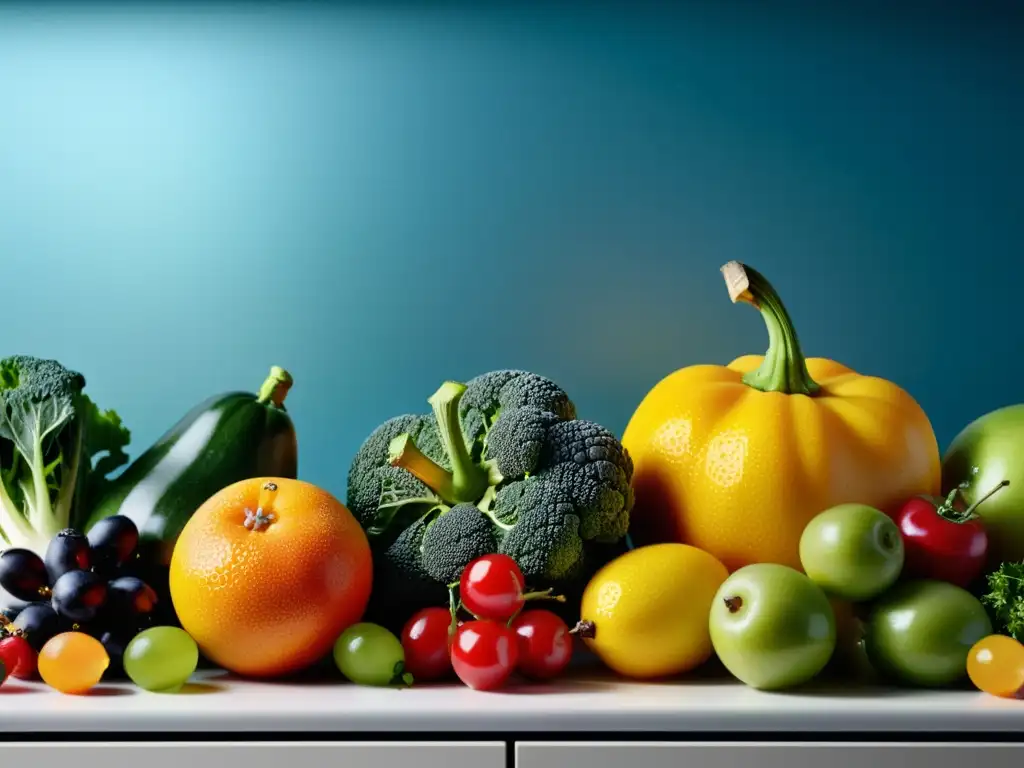 Exquisita exhibición de frutas y verduras frescas en cocina moderna Una deslumbrante variedad de frutas y verduras frescas en una encimera de cocina moderna