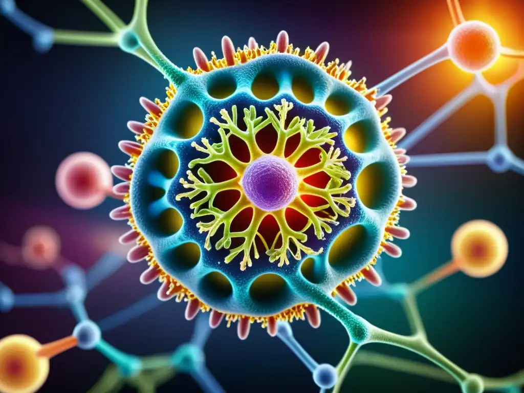 Célula del sistema inmune con anticuerpos y ADN Detallada ilustración de una célula del sistema inmunológico humano con anticuerpos vibrantes y marcadores genéticos, sobre un fondo de ADN helicoidal