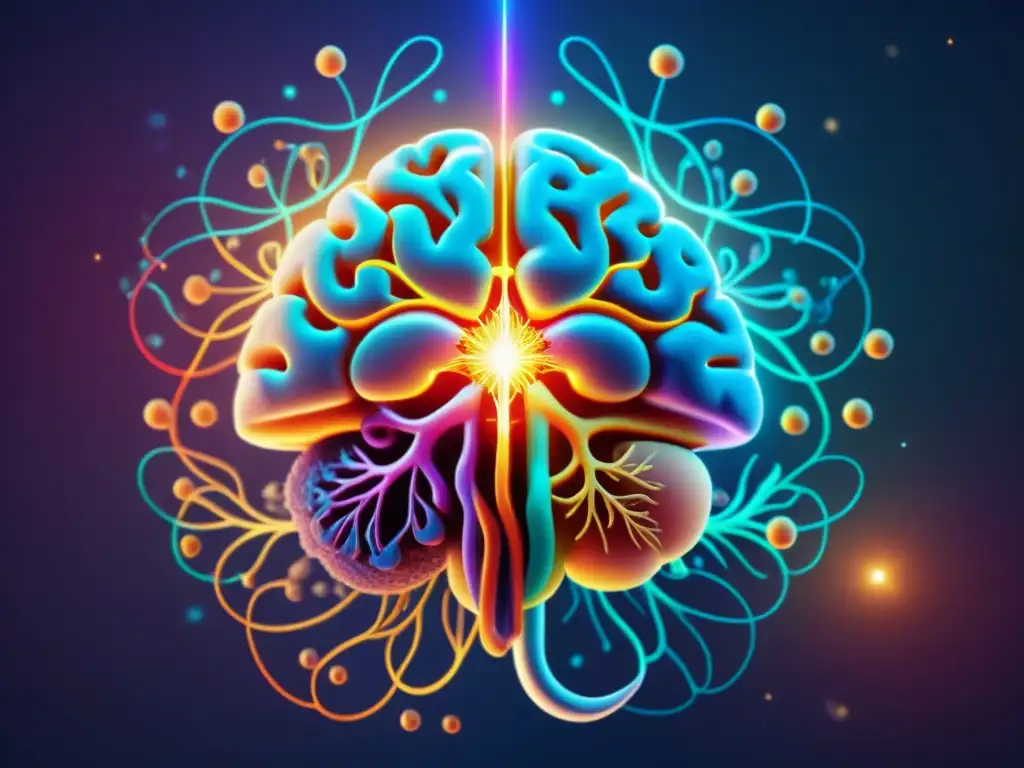 Conexiones neurales y espiritualidad en el cerebro: una visión 8k Una ilustración 8k detallada de un cerebro humano con conexiones neurales, símbolos espirituales y células inmunes, simbolizando la relación entre espiritualidad y sistema inmunológico