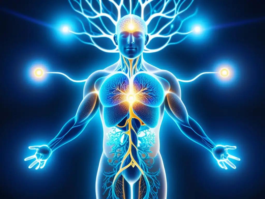 Conexión armónica: Estrés y sistema inmune en alta definición Representación detallada del cuerpo humano con vías neurales brillantes y células del sistema inmunológico en armonía, conectando manejo del estrés y sistema inmunológico