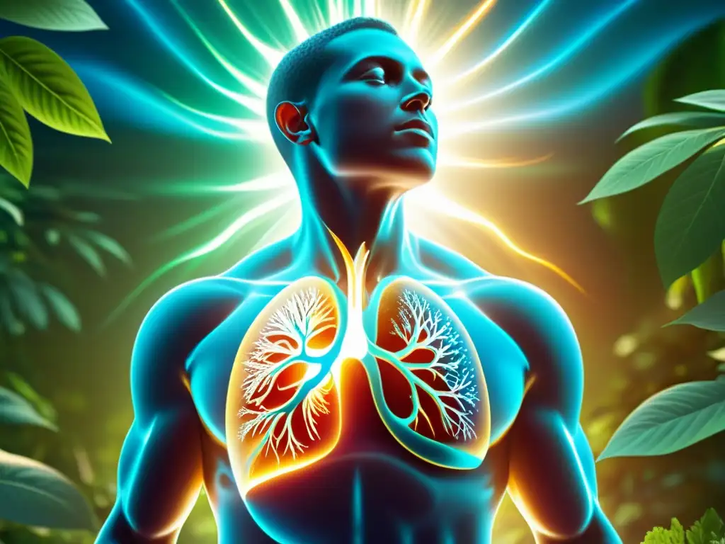 Detallada ilustración digital del cuerpo humano con luz emanando del pecho, representando un sistema inmunológico fuerte y resiliente