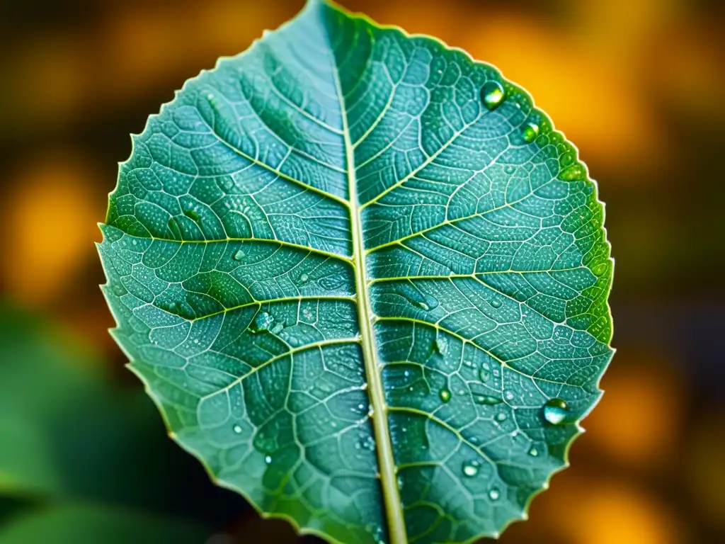 Detalles de hoja verde: vitalidad y resistencia Detallada hoja verde con gotas de agua, iluminada por suave luz natural